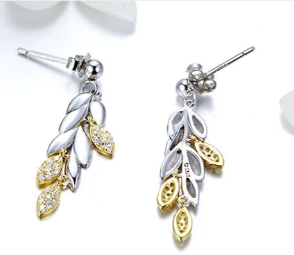 925 Sterling Silver Plant Shape Drop Earrings Front and Back view
