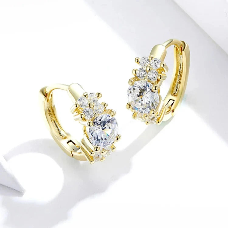 Deva Luxury Crystal 100% 925 Sterling Silver Hoop Earrings Gold Front