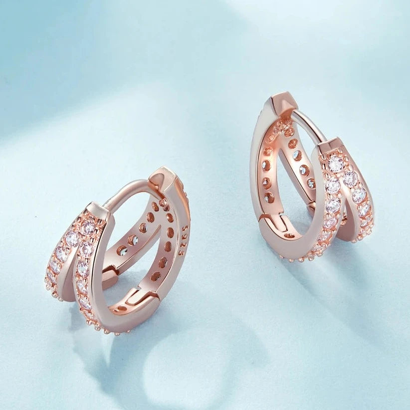 Modern Zircon Crystal Double Hoop Earrings Rose Gold Back View