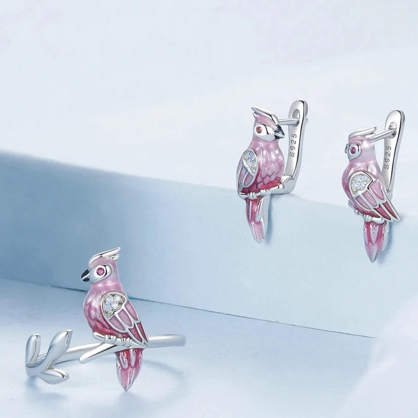 Deva 925 Sterling Silver Cute Parrot Rings & Earrings blue background shot