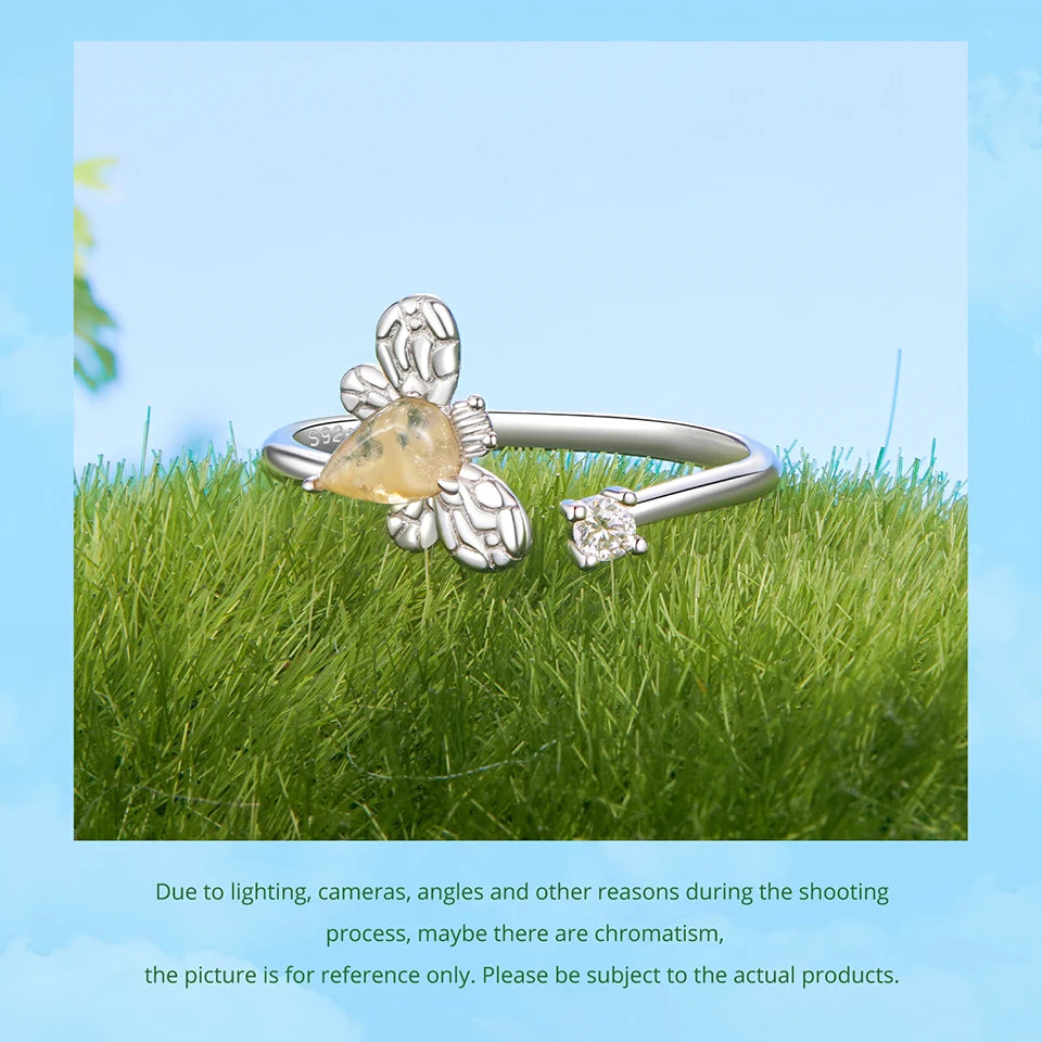 Deva 925 Sterling Silver Bee Adjustable Ring Embellished with Jade