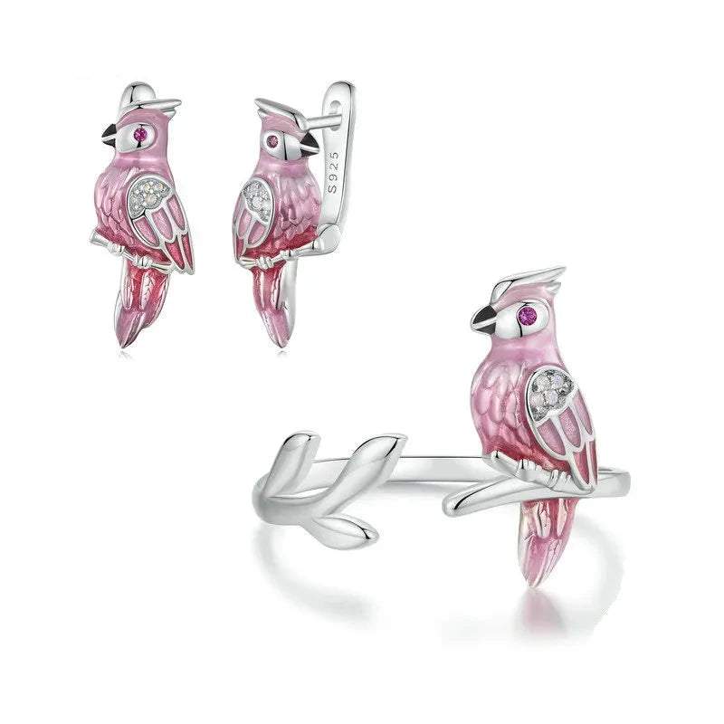 Deva 925 Sterling Silver Cute Parrot Ring & Earrings