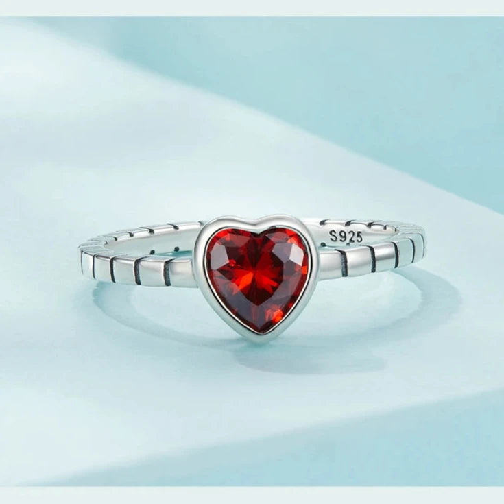  925 Sterling Authentic Silver Red Heart Rings Front View