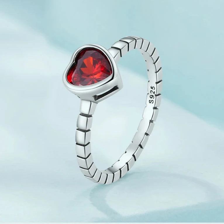  925 Sterling Silver Red Heart Gem Rings