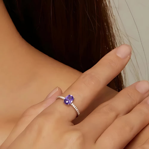 Deva 100% 925 Sterling Silver Gemstone Pave Setting Rings Purple Wearing Shot