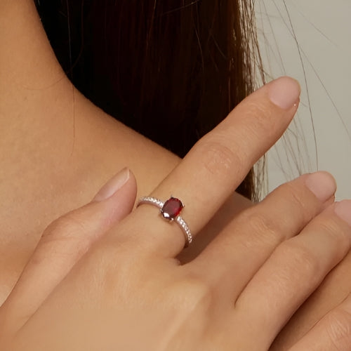 Deva 100% 925 Sterling Silver Gemstone Pave Setting Rings RED Wearing Shot