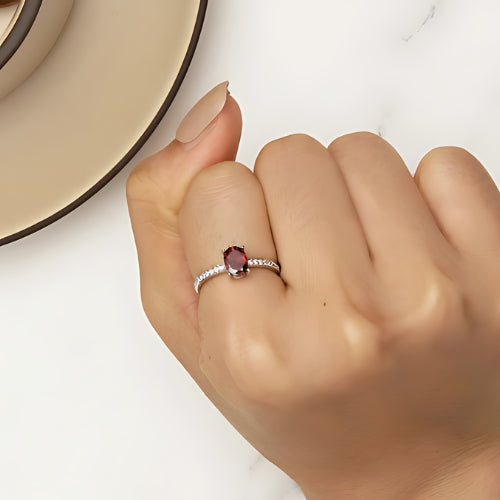 Deva 100% 925 Sterling Silver Gemstone Pave Setting Rings Red Close Wearing Shot