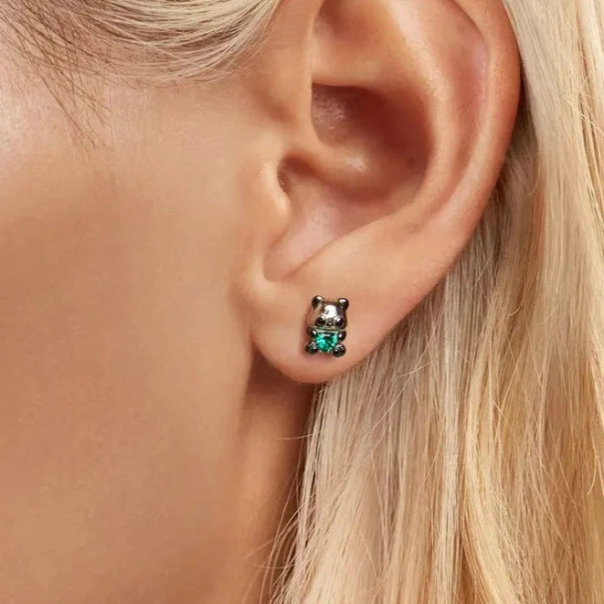 Deva 100% 925 Sterling Silver Panda Stud Earrings Ear Wearing Shot