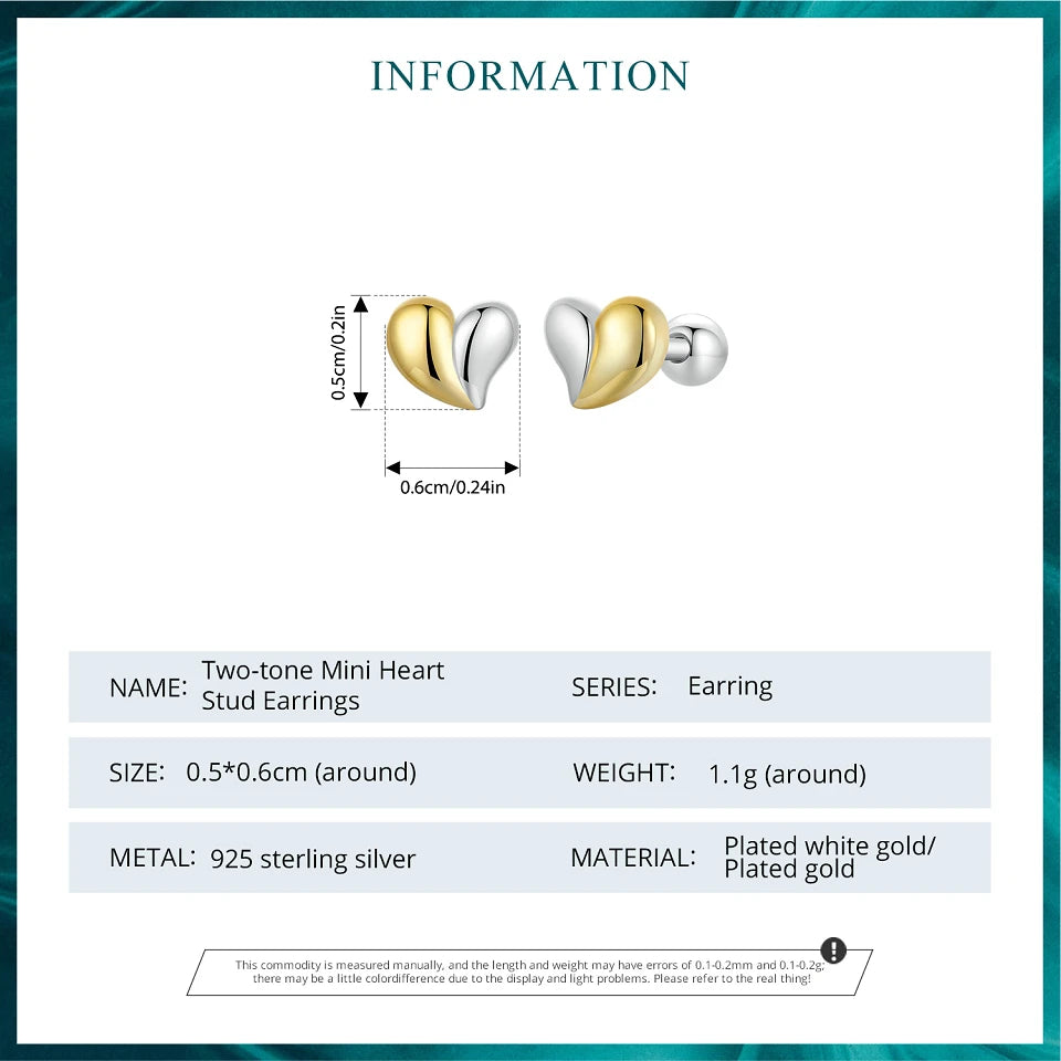 Deva 100% 925 Sterling Silver Two-tone Mini Heart Stud Earrings Specs