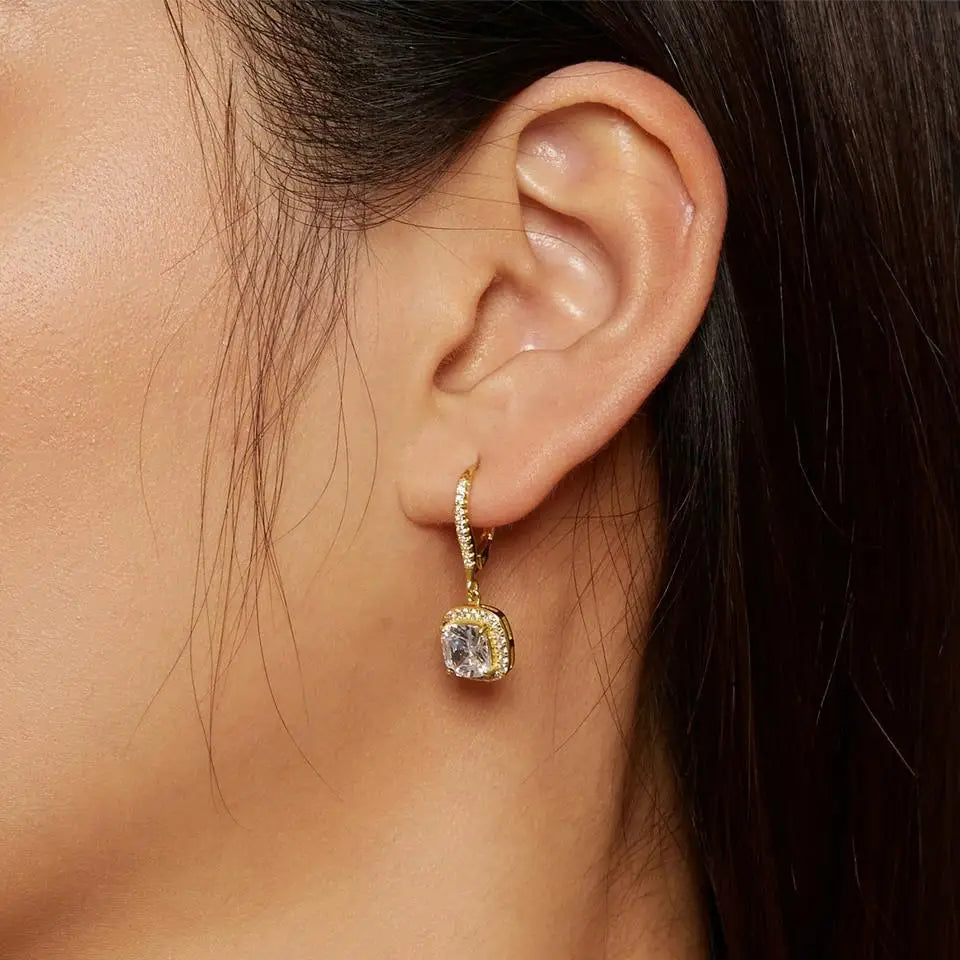 Deva 925 Sterling Silver Authentic Geometric Drop Earrings Gold wearing view