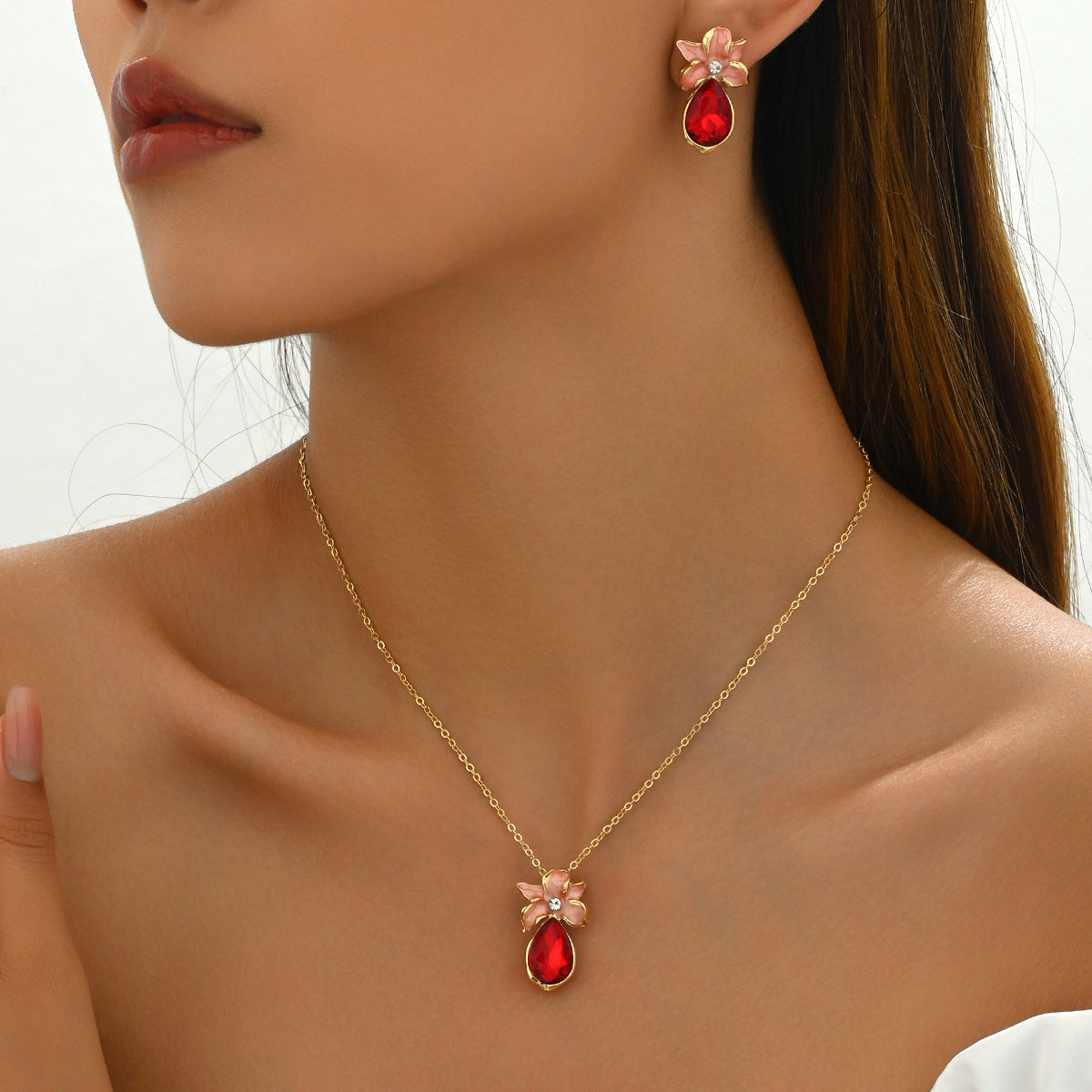 Deva Flower Copper Necklace And Earrings  red view