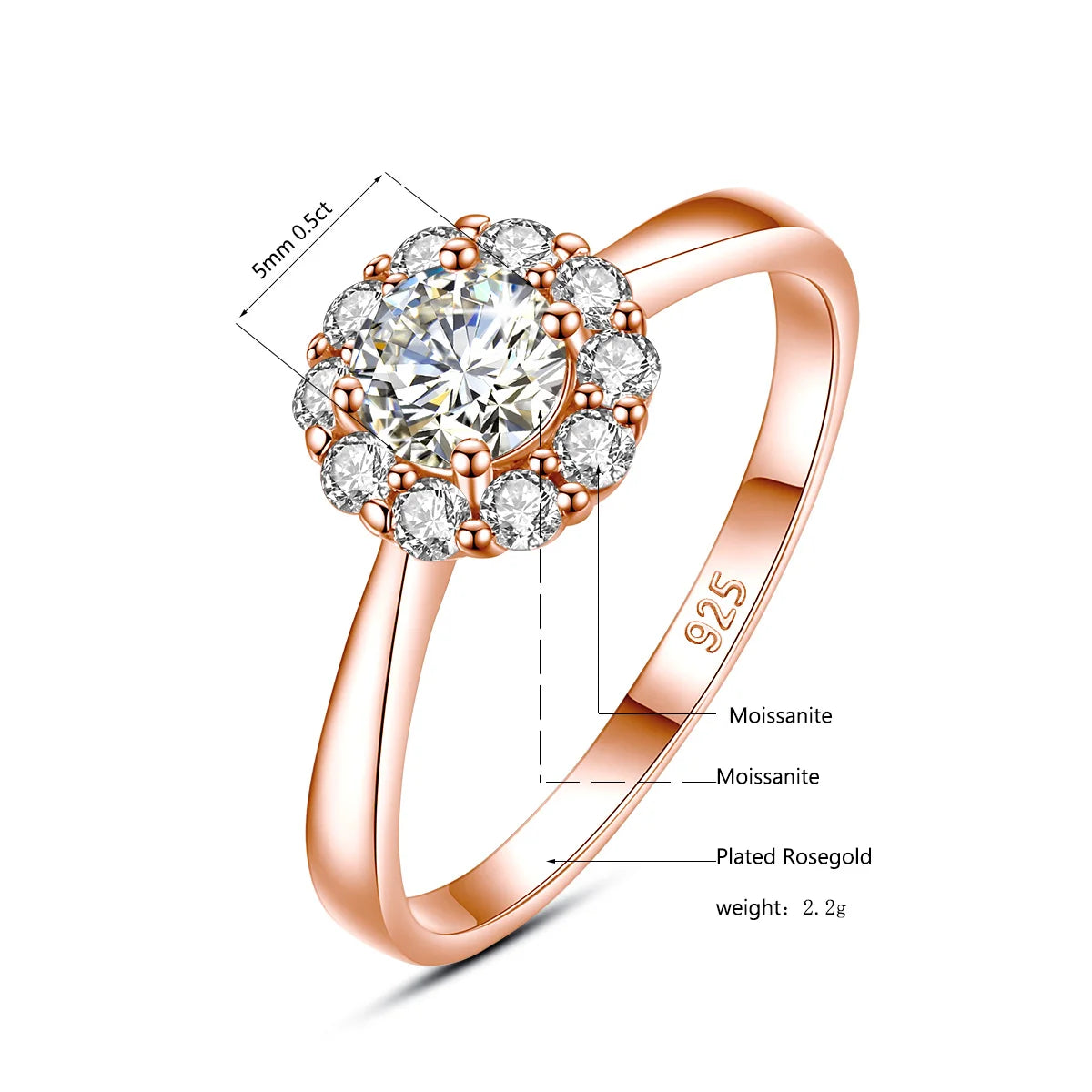 Deva Real 925 Sterling Moissanite Diamond Silver Rings Rose Gold Info View