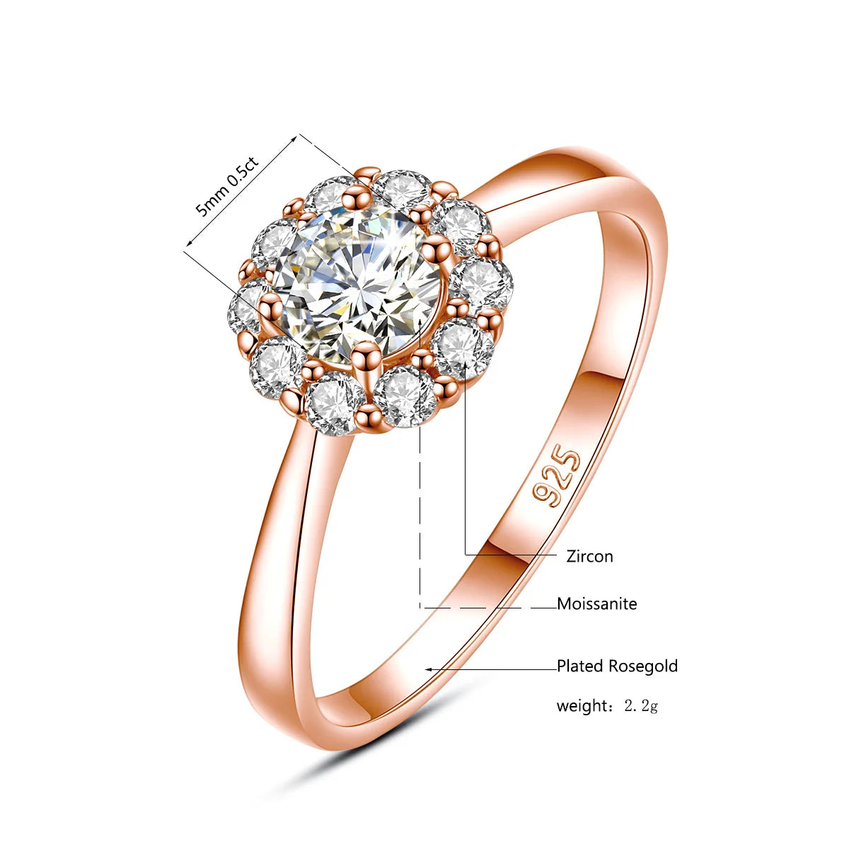 Deva Real 925 Sterling Moissanite Diamond Silver Rings Rose Gold Info View 2