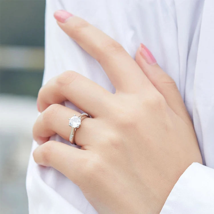 Deva Round Moissanite 925 Sterling Silver Rings Wearing Shot