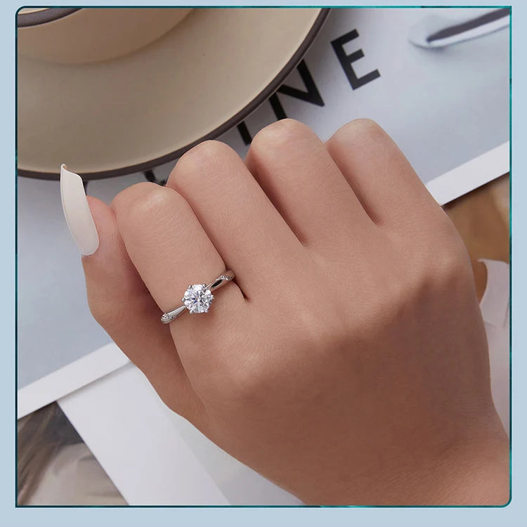 Deva Round Moissanite 925 Sterling Silver Rings Wearing Shot 4