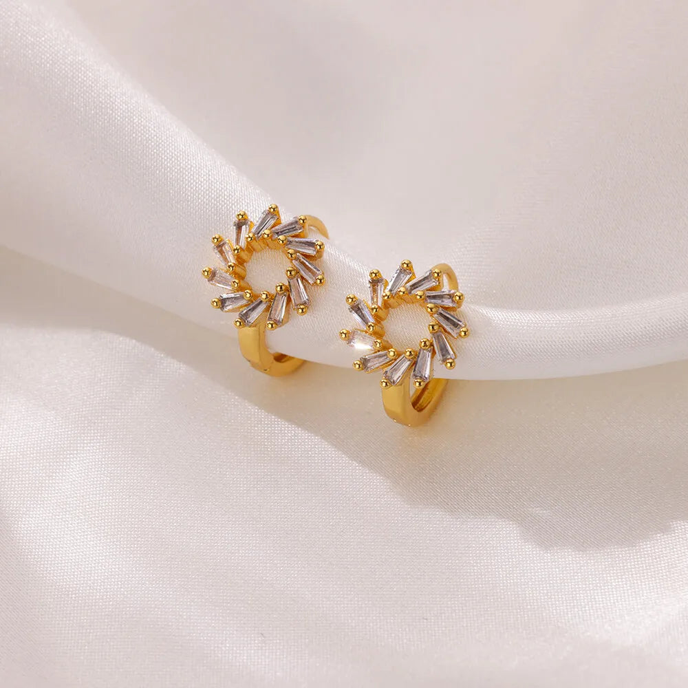 Deva Sunflower Stainless Steel Hoop Earrings Crystal Front View