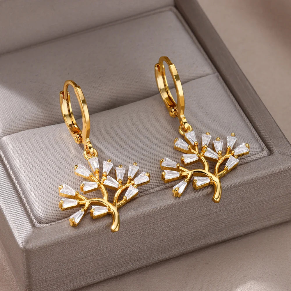 Deva Zircon Tree Stainless Steel Hoop Earring Front