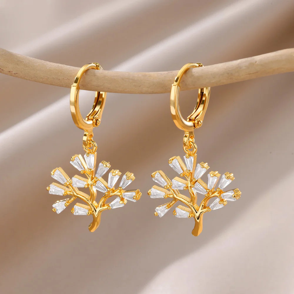 Deva Zircon Tree Stainless Steel Hoop Earring Front View