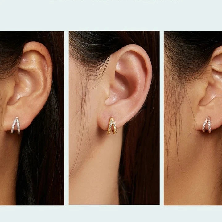 Modern Zircon Crystal Double Hoop Earrings All Wearing View