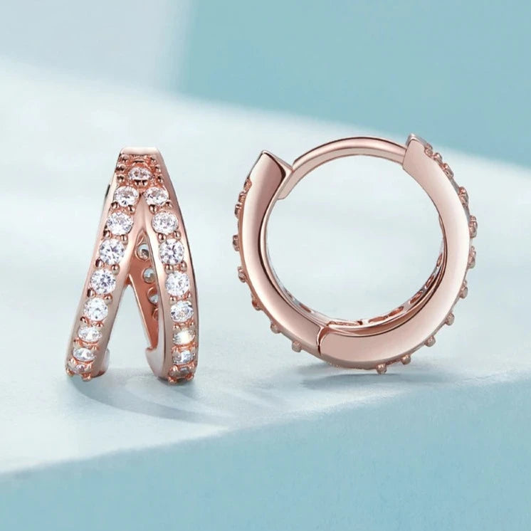 Modern Zircon Crystal Double Hoop Earrings Rose Gold