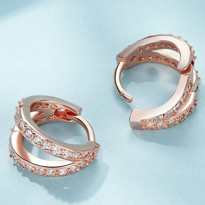 Modern Zircon Crystal Double Hoop Earrings Rose Gold Side View