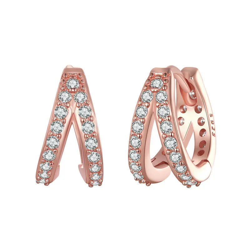 Modern Zircon Crystal Double Hoop Earrings Rose Gold View