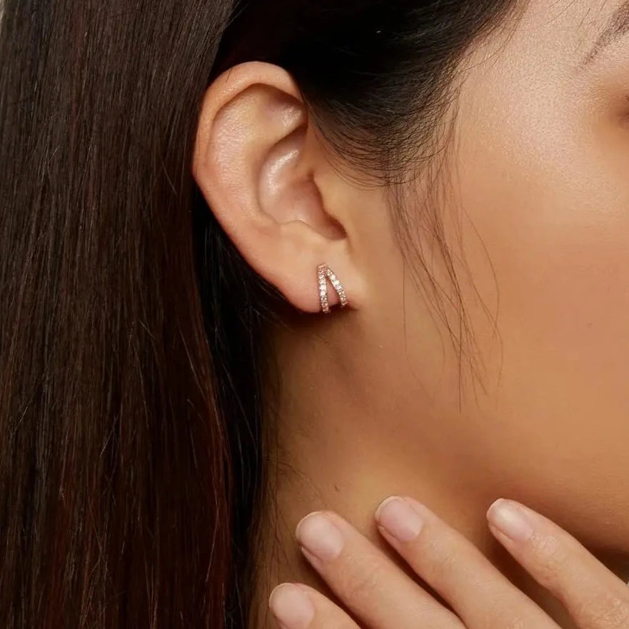 Modern Zircon Crystal Double Hoop Earrings Rose Gold Wearing View