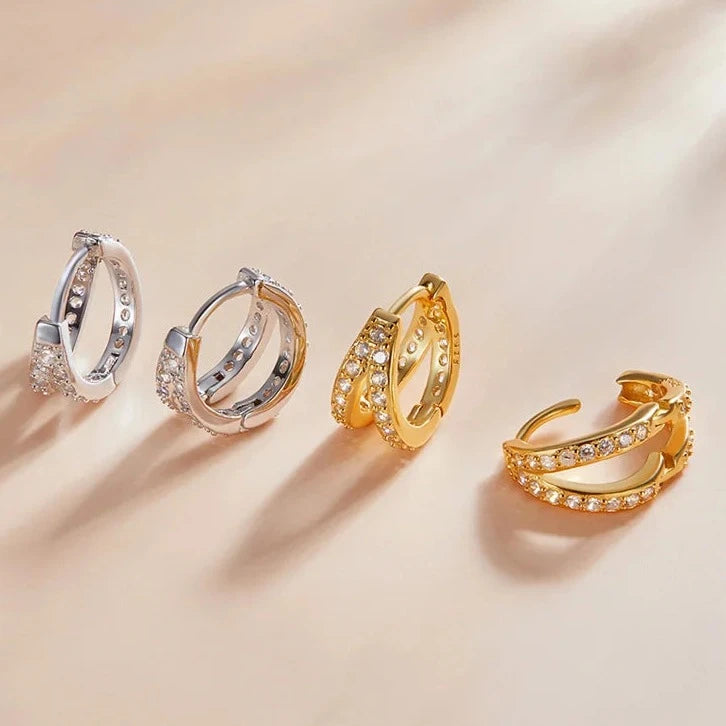 Modern Zircon Crystal Double Hoop Earrings Rose Silver and Gold Side View