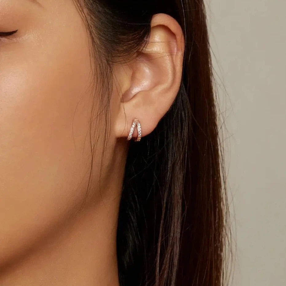 Modern Zircon Crystal Double Hoop Earrings Silver Wearing View