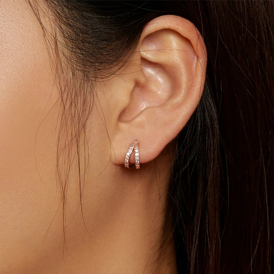 Modern Zircon Crystal Double Hoop Earrings Silver Wearing View 2