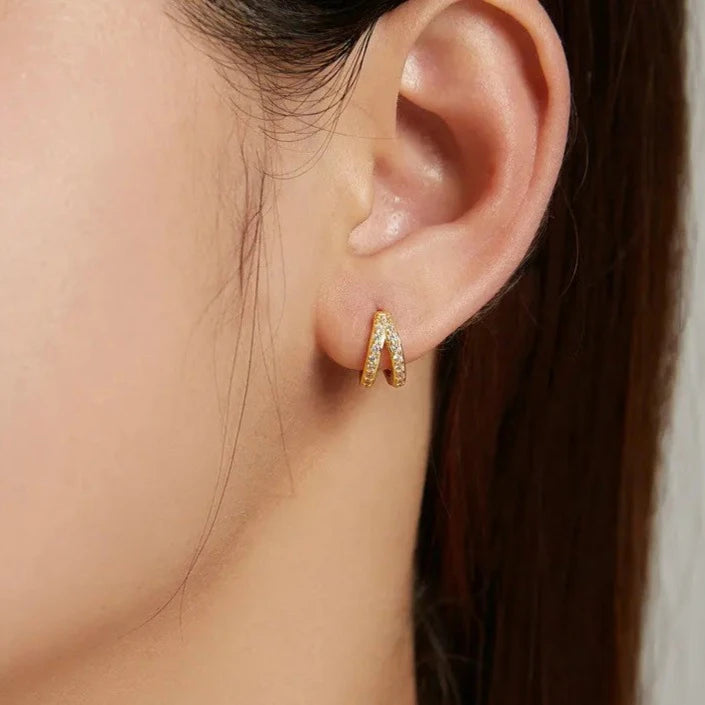 Modern Zircon Crystal Double Hoop Earrings Wearing View