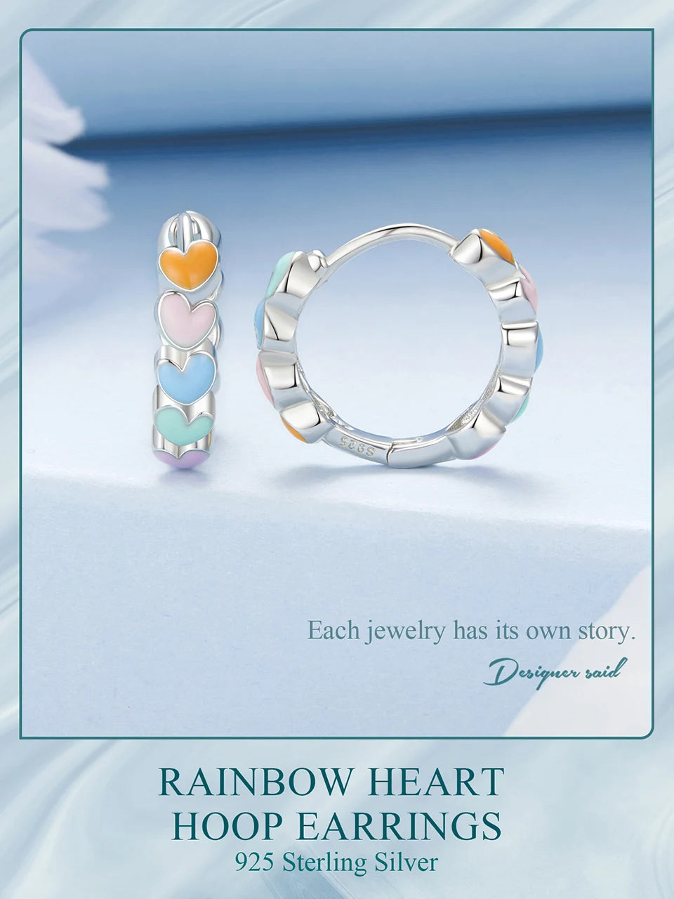 Deva 925 Sterling Silver Cute Rainbow Heart Hoop Earrings