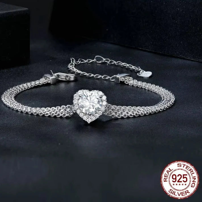 Deva Solid 925 Sterling Silver White Gold Plated Heart Moissanite Woven Bracelet