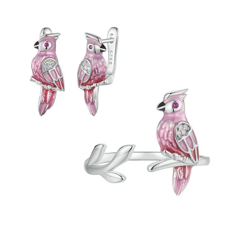 Deva 925 Sterling Silver Cute Parrot Rings & Earrings white backgroundshot