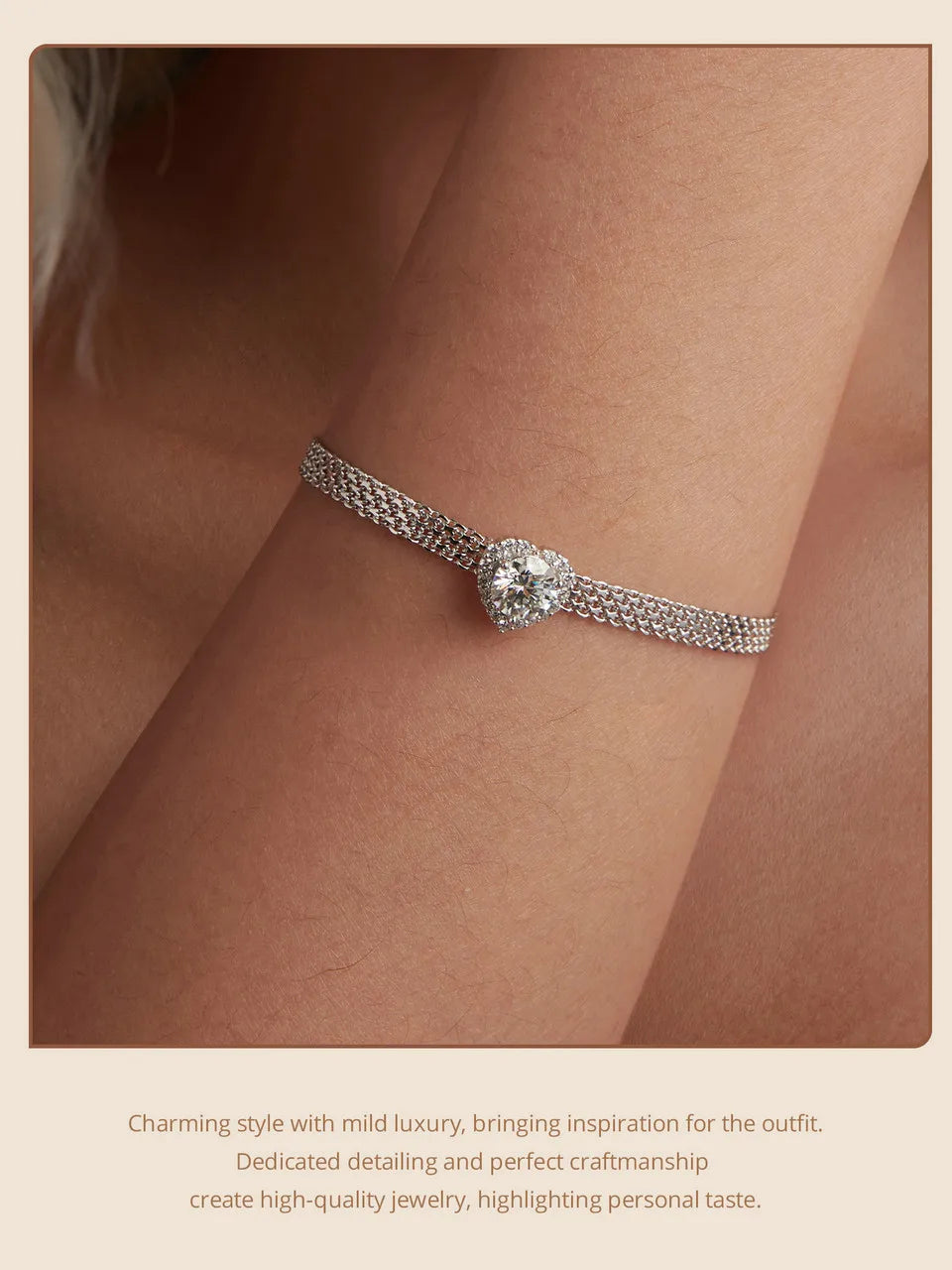 Deva Solid 925 Sterling Silver White Gold Plated Heart Moissanite Woven Bracelet