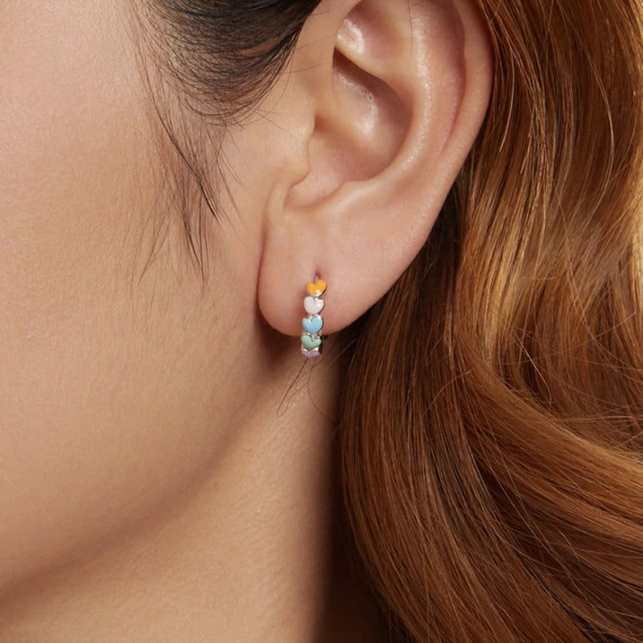 Deva 925 Sterling Silver Cute Rainbow Heart Hoop Earrings