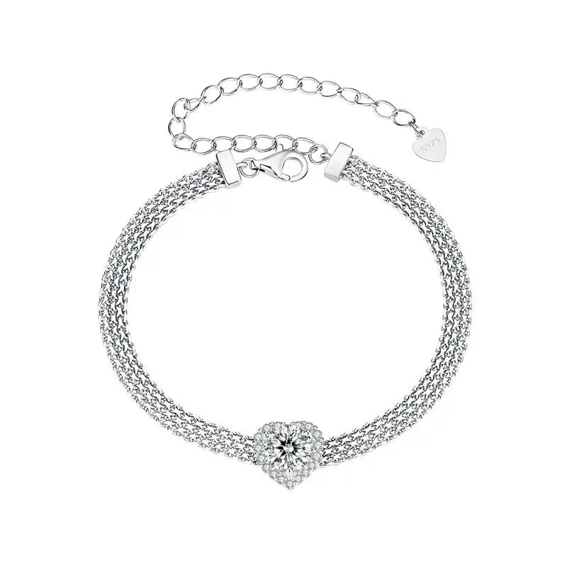Deva Solid 925 Sterling Silver White Gold Plated Heart Moissanite Woven Bracelet