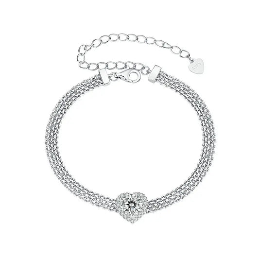 Deva Solid 925 Sterling Silver White Gold Plated Heart Moissanite Woven Bracelet