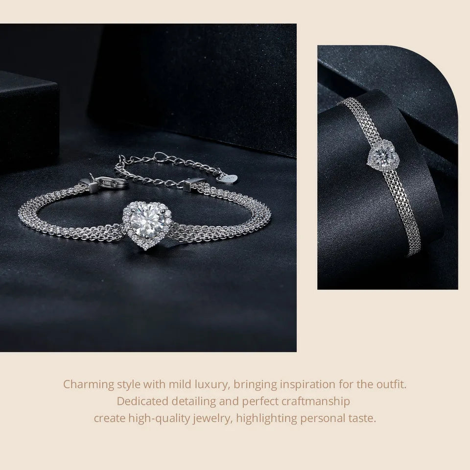 Deva Solid 925 Sterling Silver White Gold Plated Heart Moissanite Woven Bracelet