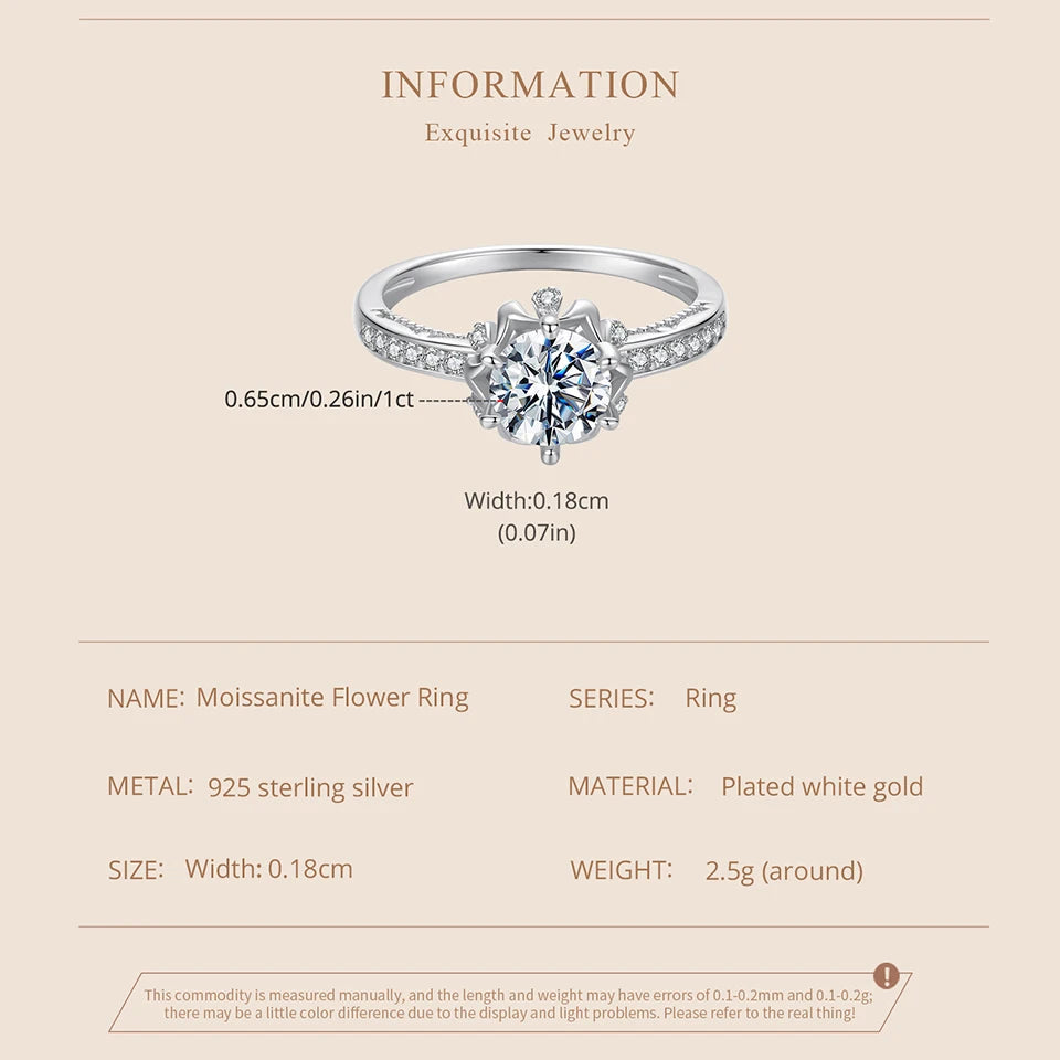 Deva D Color VVS1 EX Moissanite Flower Ring 1ct Round Moissanite Diamond Solitaire 925 Sterling Silver