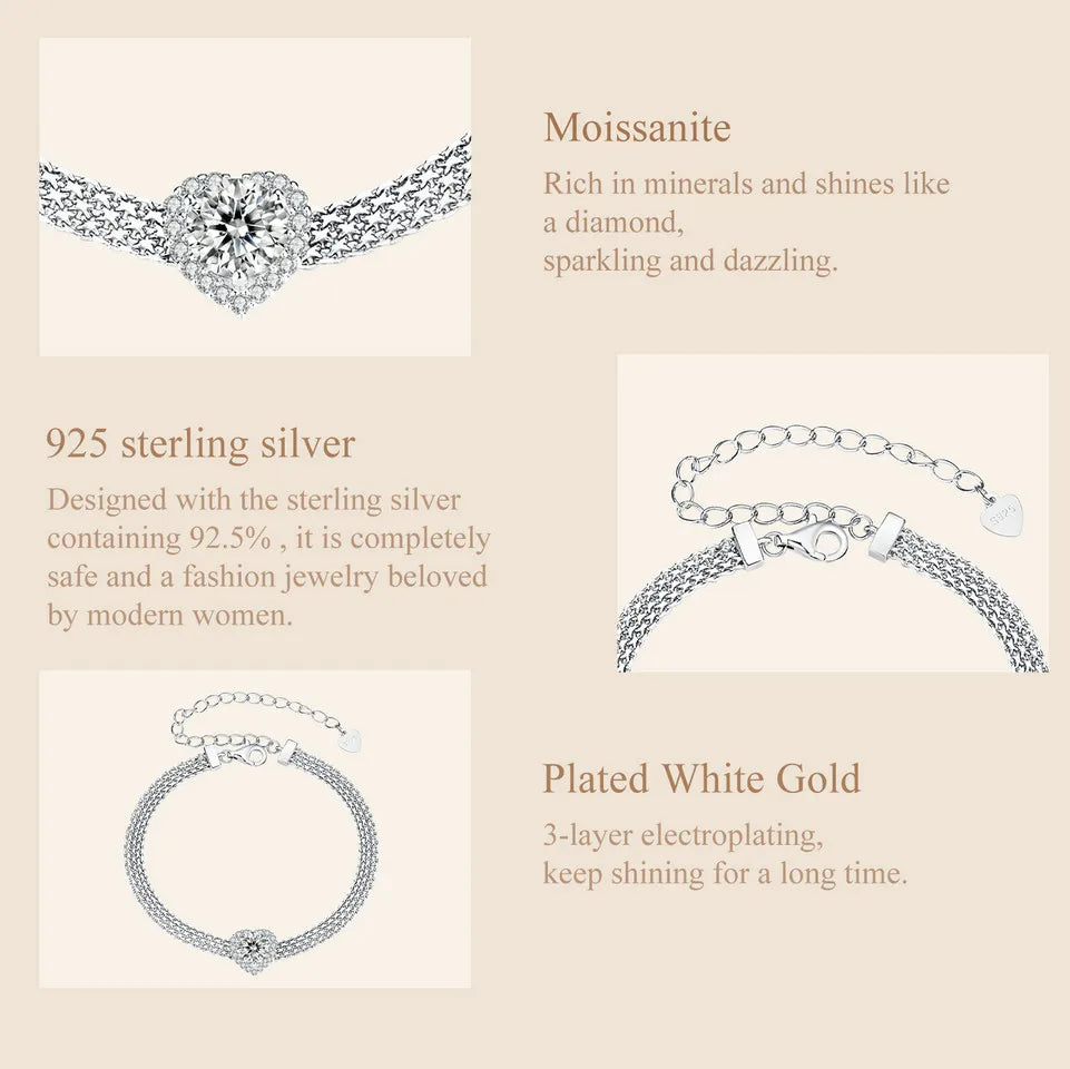 Deva Solid 925 Sterling Silver White Gold Plated Heart Moissanite Woven Bracelet