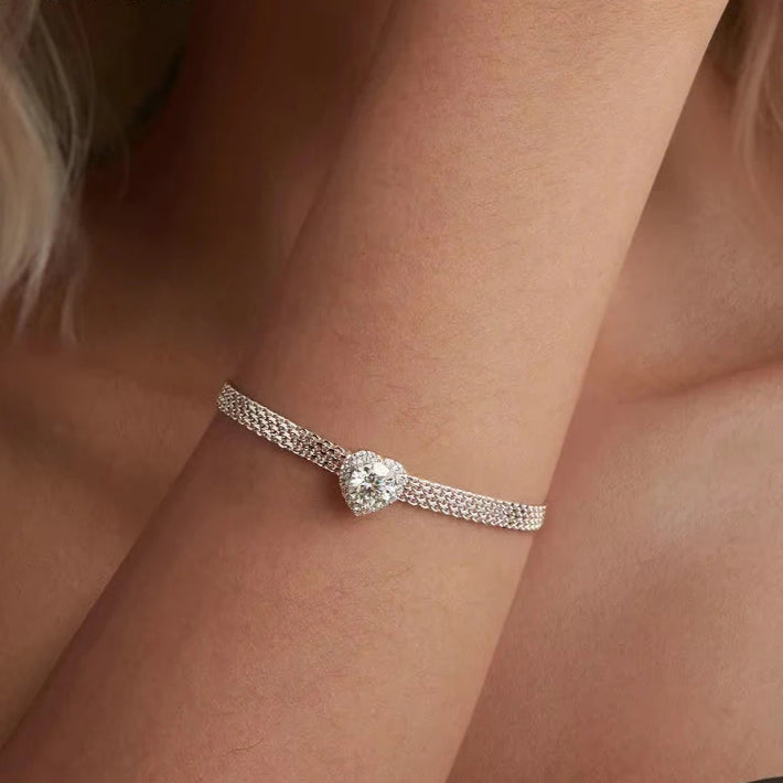 Deva Solid 925 Sterling Silver White Gold Plated Heart Moissanite Woven Bracelet