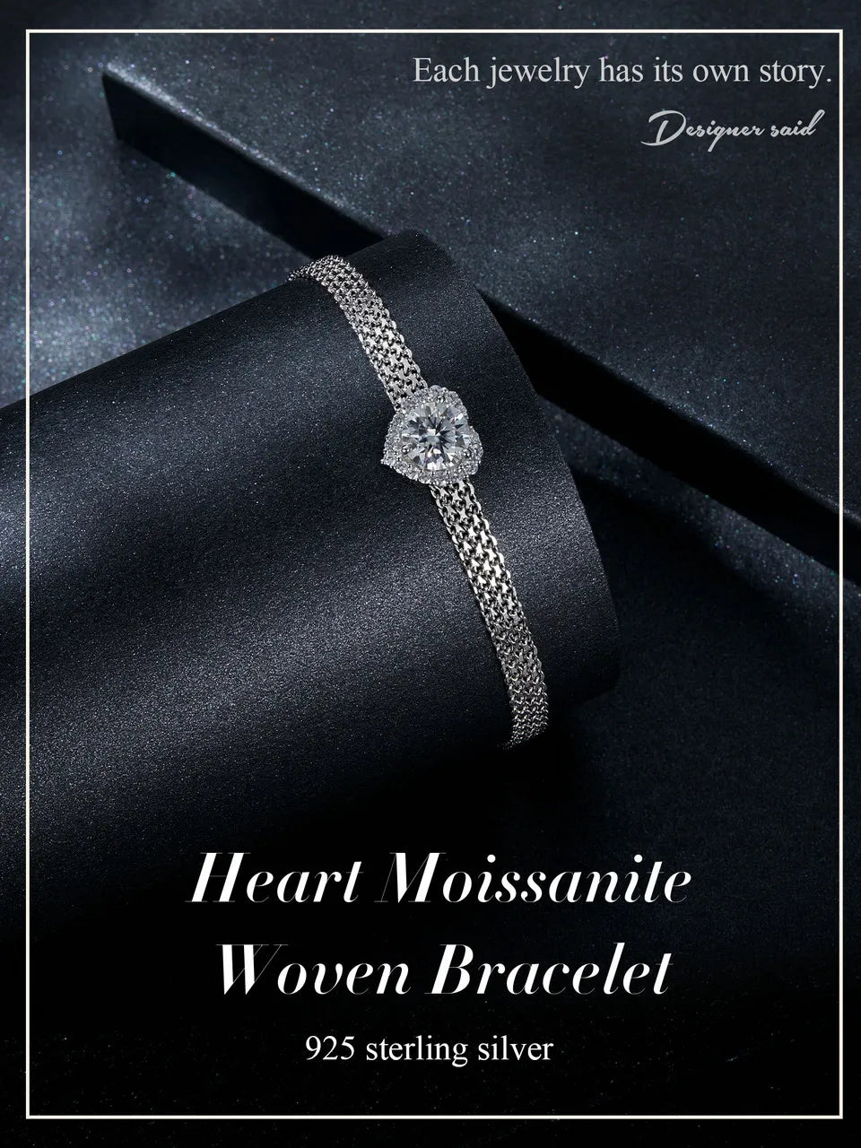 Deva Solid 925 Sterling Silver White Gold Plated Heart Moissanite Woven Bracelet
