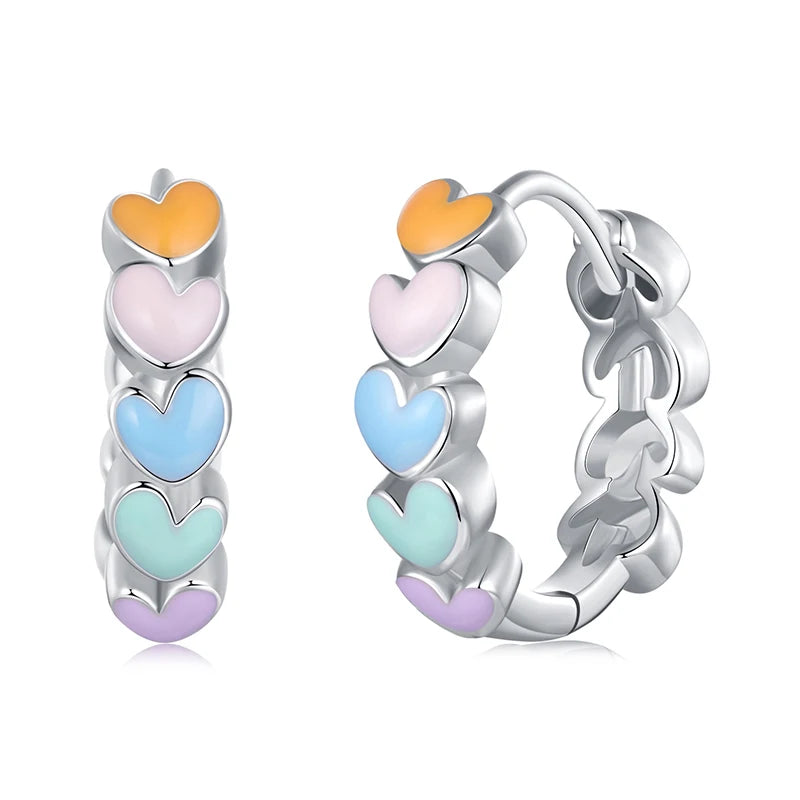 Deva 925 Sterling Silver Cute Rainbow Heart Hoop Earrings