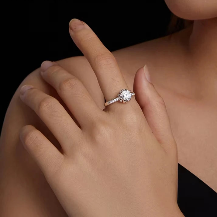 Deva D Color VVS1 EX Moissanite Flower Ring 1ct Round Moissanite Diamond Solitaire 925 Sterling Silver