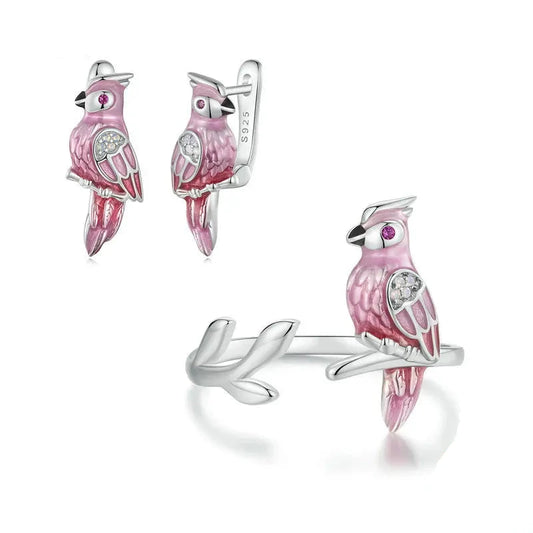 Deva 925 Sterling Silver Cute Parrot Ring & Earrings