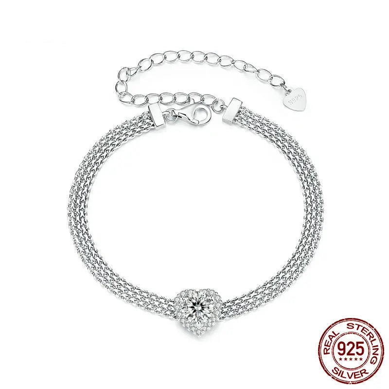 Deva Solid 925 Sterling Silver White Gold Plated Heart Moissanite Woven Bracelet