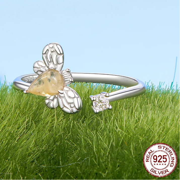 Deva 925 Sterling Silver Bee Adjustable Ring Embellished with Jade