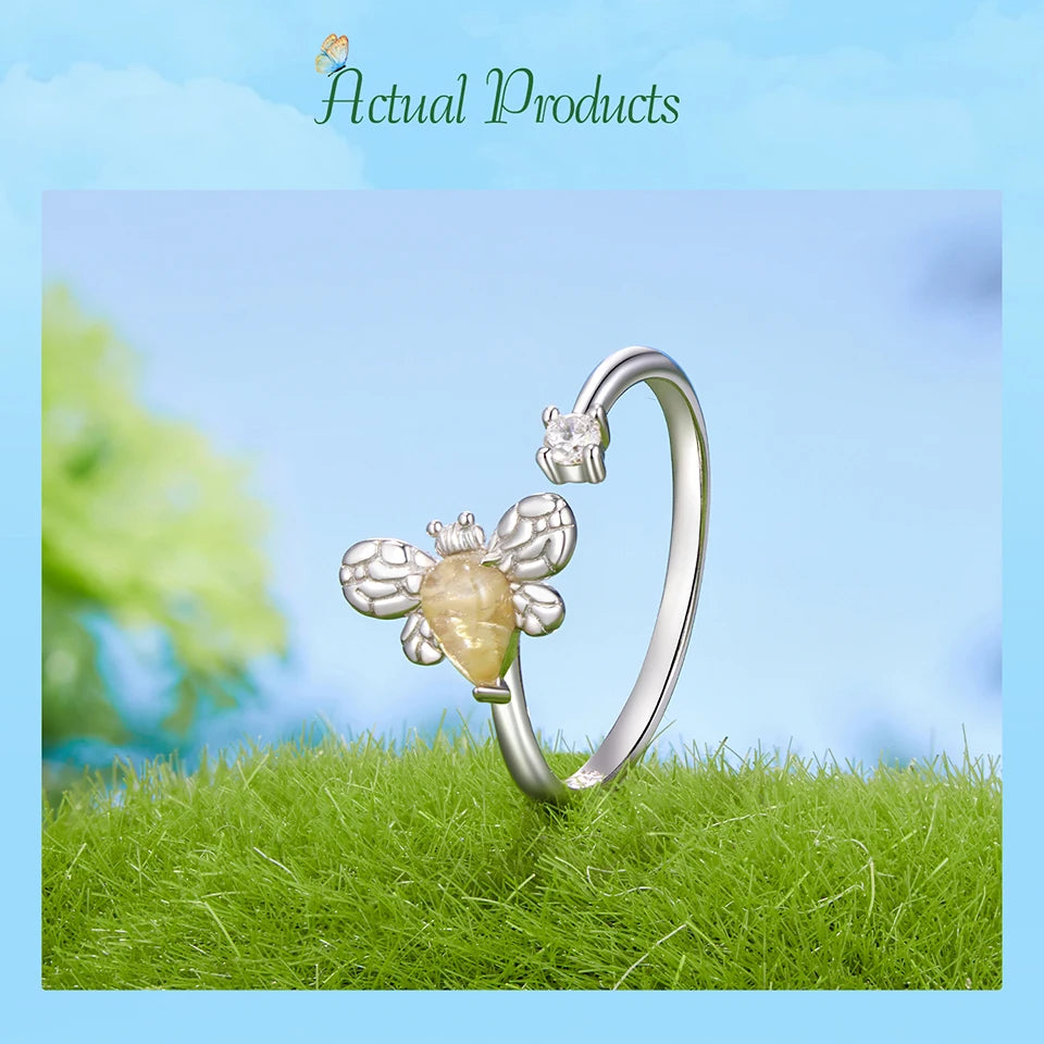 Deva 925 Sterling Silver Bee Adjustable Ring Embellished with Jade