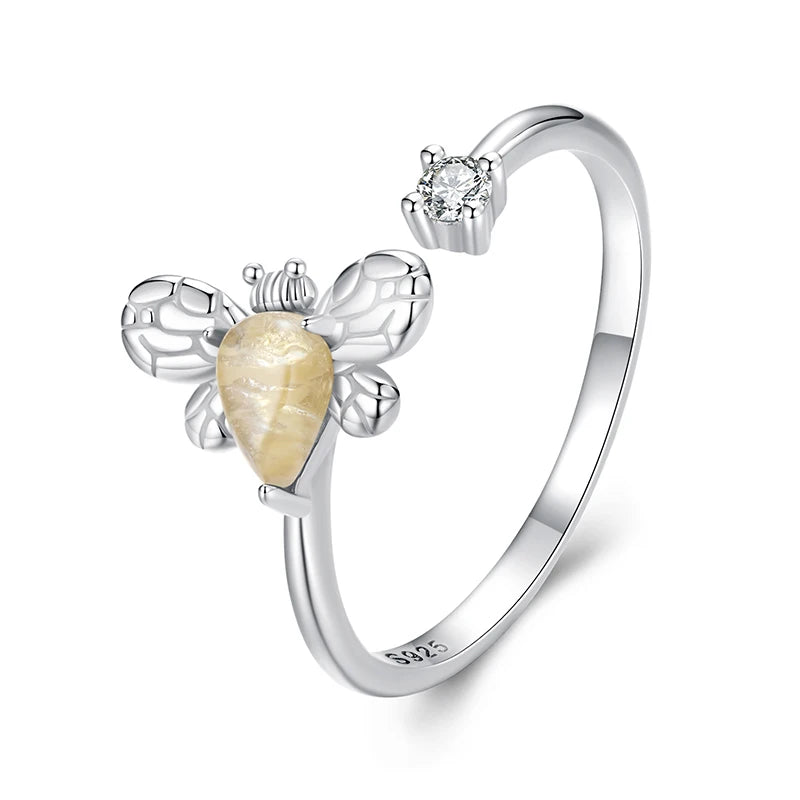 Deva 925 Sterling Silver Bee Adjustable Ring Embellished with Jade